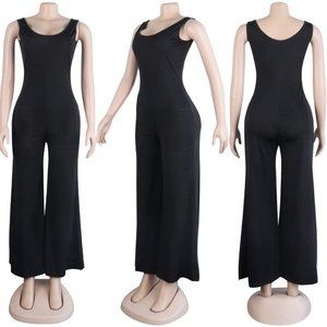 Black Sleeveless O-Neck Wide Leg Jumpsuit Pockets